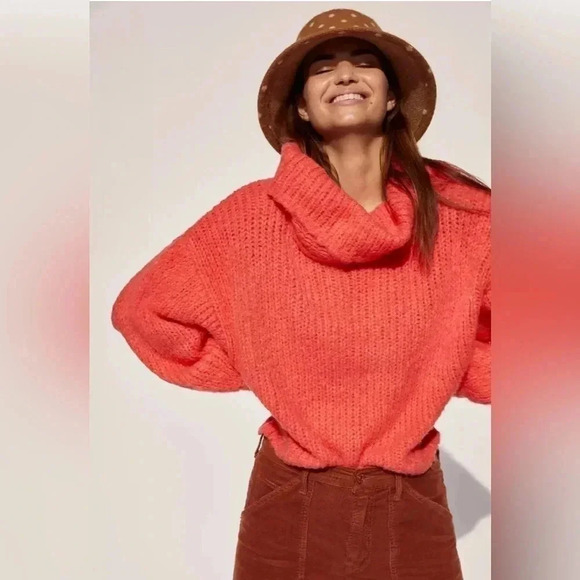 Anthropology Pilcro Zamora Cowl Neck Sweater Sz Large bright coral - Picture 1 of 14